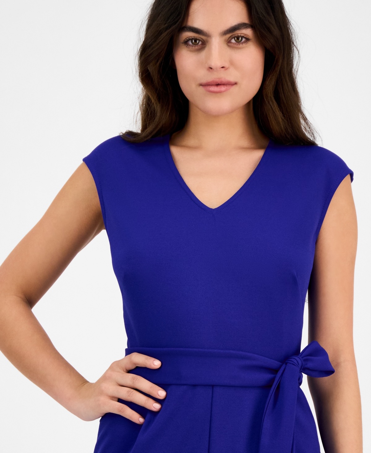 Ak Anne Klein Petite V-neck Belted Crepe Jumpsuit