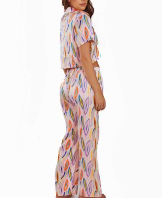 Women's Printed Copped Notch Pocket Shirt and Pajama Set