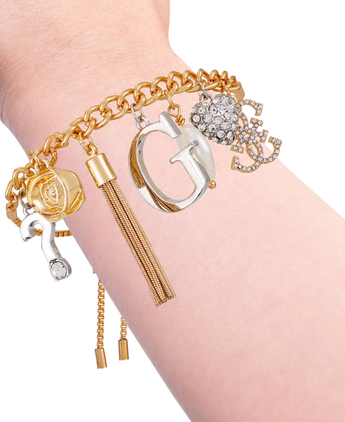 Guess Two-tone Mixed Stone Multi-charm Slider Bracelet In Gold