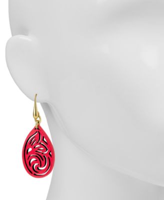 Gold-Tone Lace Pattern Leather Drop Earrings