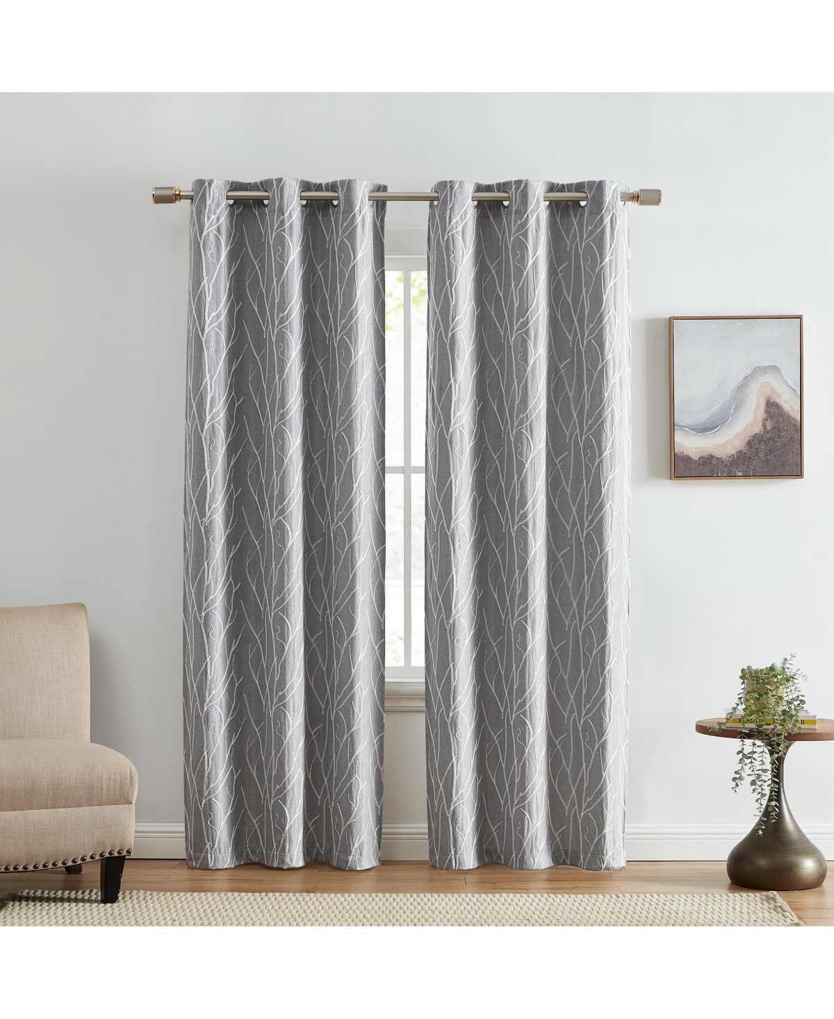 Sterling Branch Motif Embroidered Blackout Window Curtain Panel, Set of 2 - White