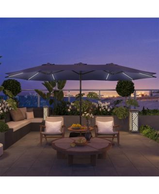 15 ft Solar LED Double Sided Twin Outdoor Patio Market Umbrella with Base Weight Included
