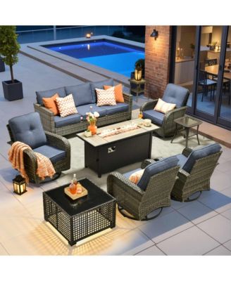 9 Piece Outdoor Patio Furniture with 3 Seat Sofa,All Weather Wicker Coversation Set with Swivel Rocking Chair,Balcony Sofa Set with Solar Nesting Tables and 54'' Fire Pit for Outside Porch Backyard Pool