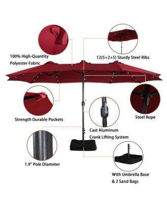 15ft Rectangular Double-Sided Solar LED Outdoor Patio Market Umbrella with Base Included