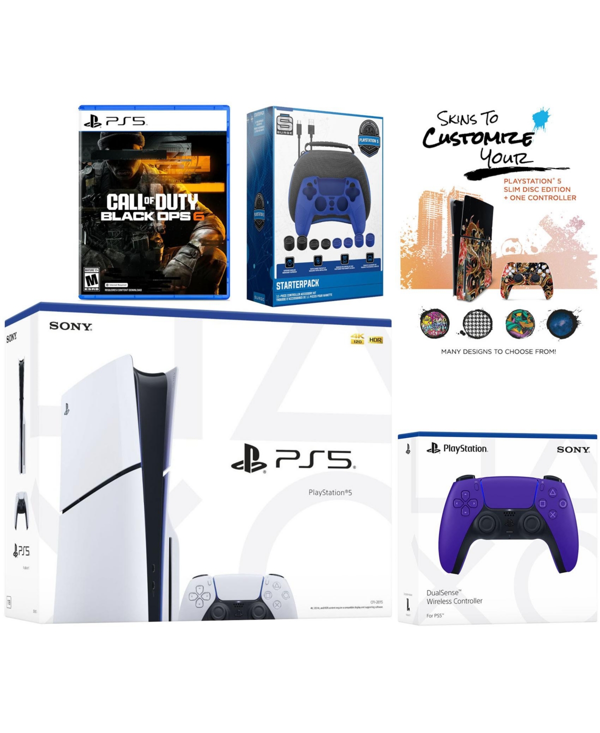 Sony PlayStation 5 Slim Disc with Call of Duty Black Ops 6, Extra Controller, Gamer Starter Pack and MightySkins Voucher Bundle - Galactic purple