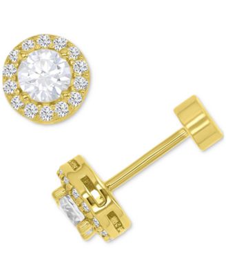 Cubic Zirconia Halo Screw Back Stud Earrings in 14k Gold-Plated Sterling Silver