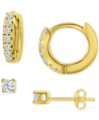 Macy's - 2-Pc. Set Cubic Zirconia Stud & Extra Small Hoop Earrings in 14k Gold-Plated Sterling Silver