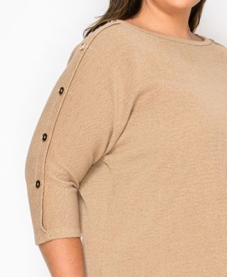 Plus Size Textured Rib Button Shoulder 3/4 Sleeve Top