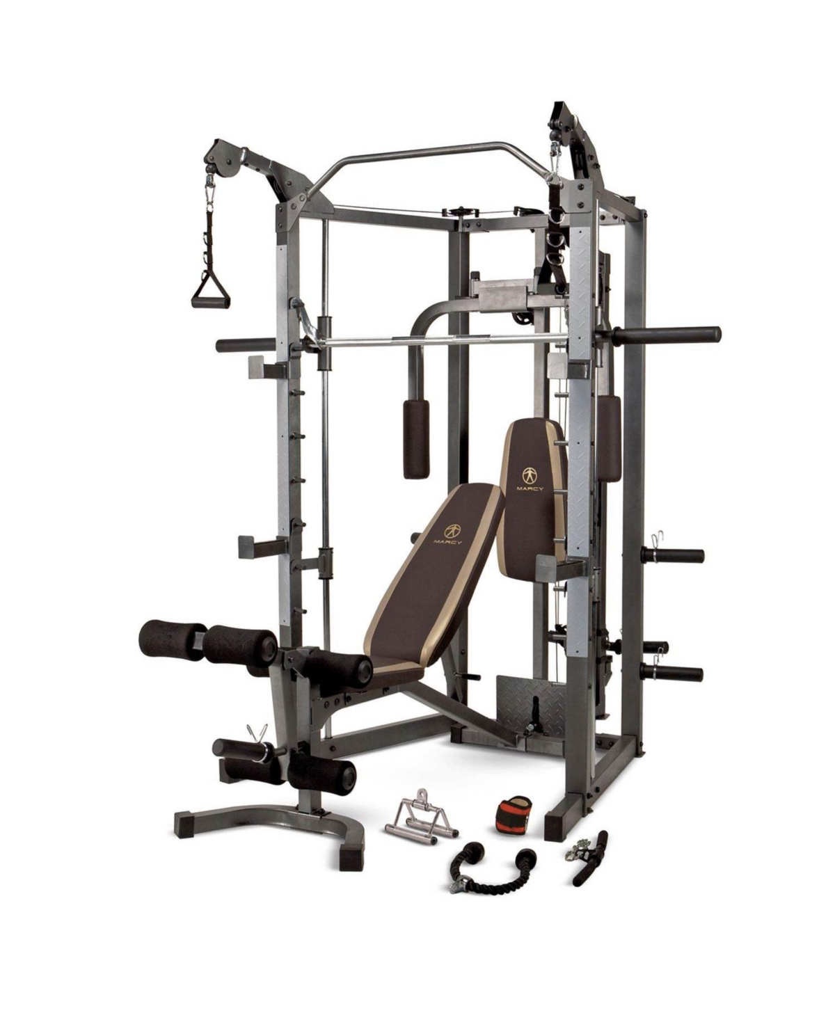 Smith Fitness Cage Machine Multifunctional Heavy Duty Total Body Strength Training Muscle Gain Exercise Equipment for Home Gyms, Gray/Brown