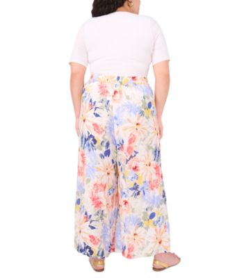 Plus Size Floral Angled-Hem Wide-Leg Pants