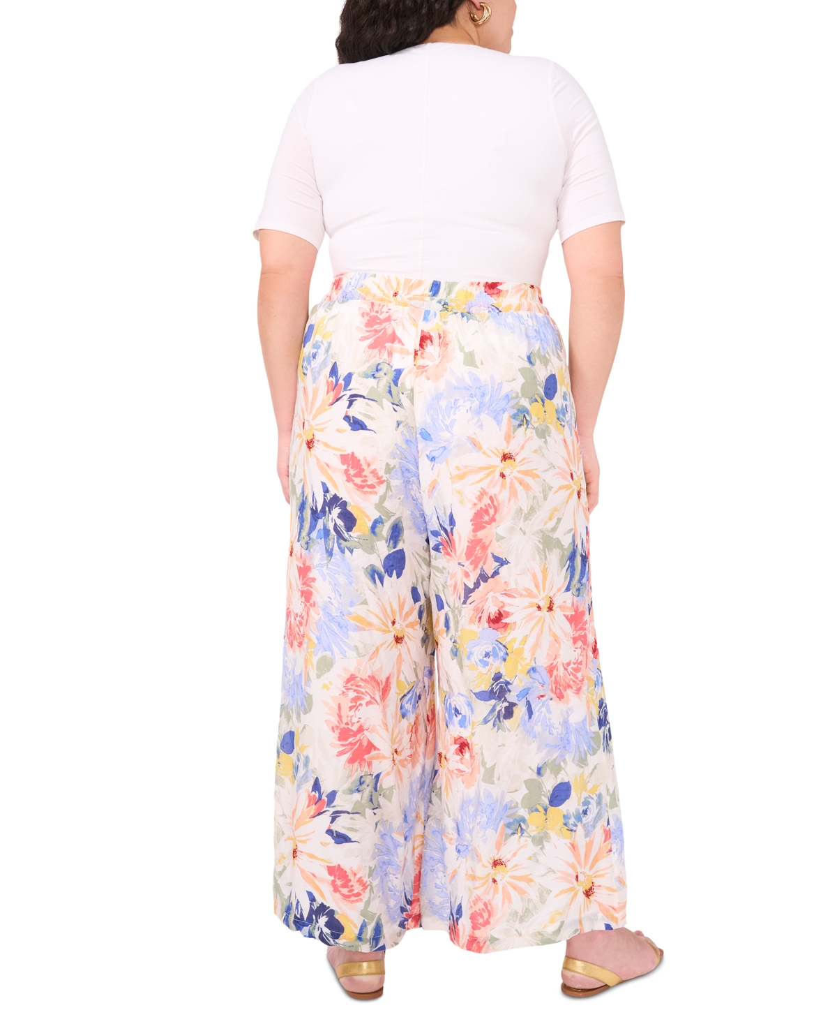 Vince Camuto Plus Size Floral Angled-hem Wide-leg Pants In Ultra White