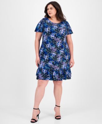 Connected - Plus Size Printed Scoop-Neck Flutter-Sleeve Shift Dress