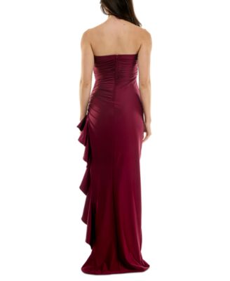 Juniors' Strapless Ruffled Side-Slit Gown