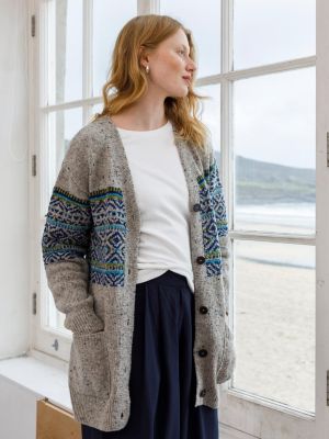 Women's Warm Cardigan with Fair Isle Pattern, Boyfriend Fit