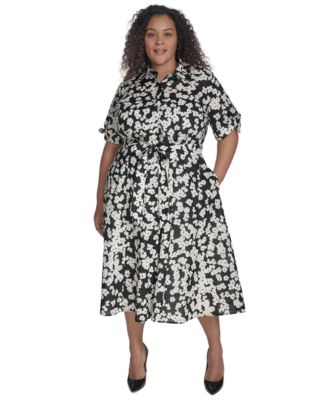 Calvin Klein - Plus Size Cotton Floral Tie-Cuff Shirtdress