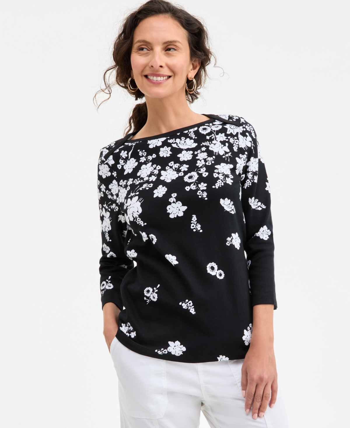 Style & Co Petite Raining Flower Pima Cotton Top, Created For Macy's In Deep Black Combo