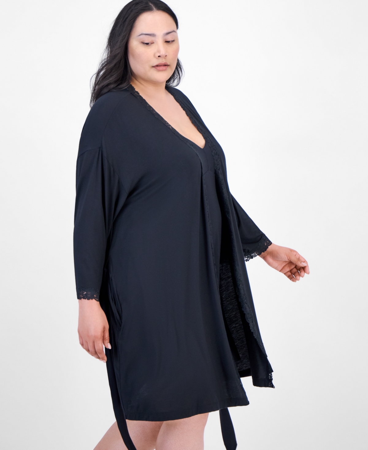 MACY'S I.N.C. INTERNATIONAL CONCEPTS PLUS SIZE LACE-TRIM KNIT WRAP ROBE, EXCLUSIVELY AT MACY'S 