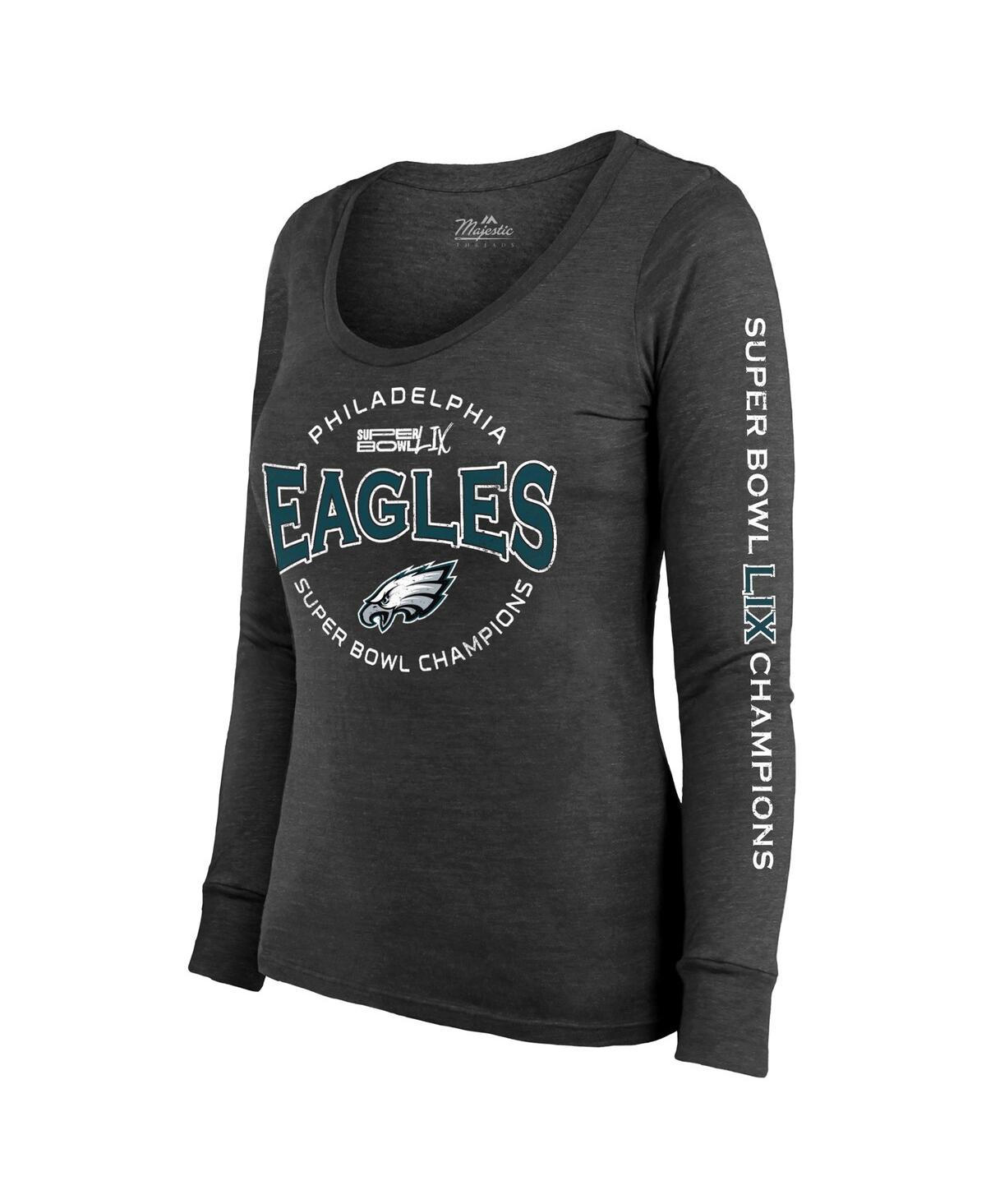 Shop Majestic Women's Black Philadelphia Eagles Super Bowl Lix Champions Highlight Tri-blend Scoop Neck Long Sleev