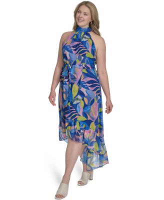 Plus Size Printed Chiffon High-Low Halter Dress