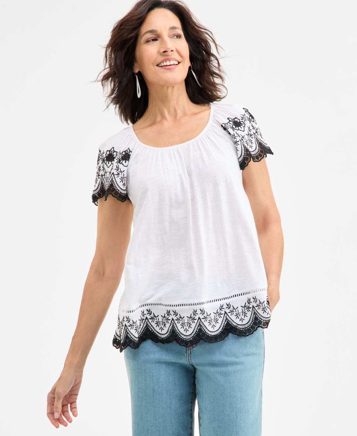 Style & Co Women's Scoop-neck Embroidered Short-sleeve Top, Exclusively At Macy's In Flutter White