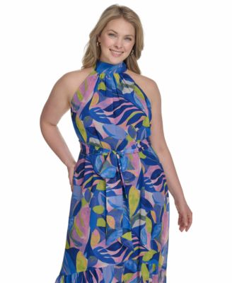 Plus Size Printed Chiffon High-Low Halter Dress
