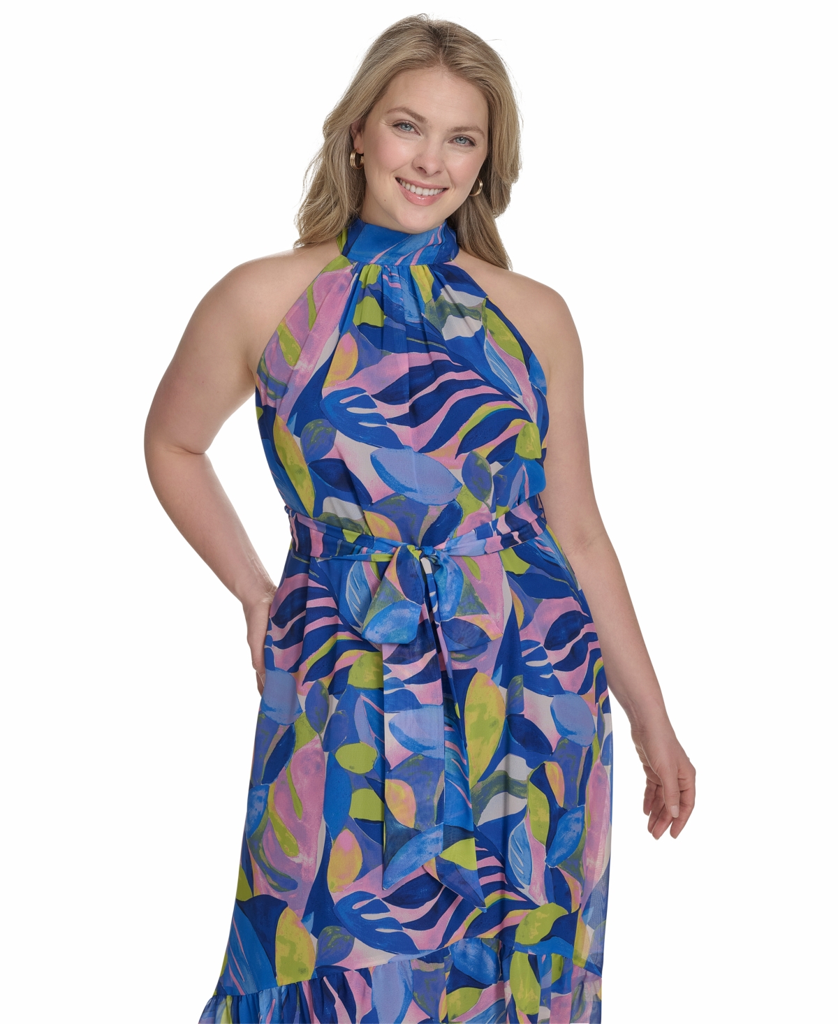 ELIZA J PLUS SIZE PRINTED CHIFFON HIGH-LOW HALTER DRESS 