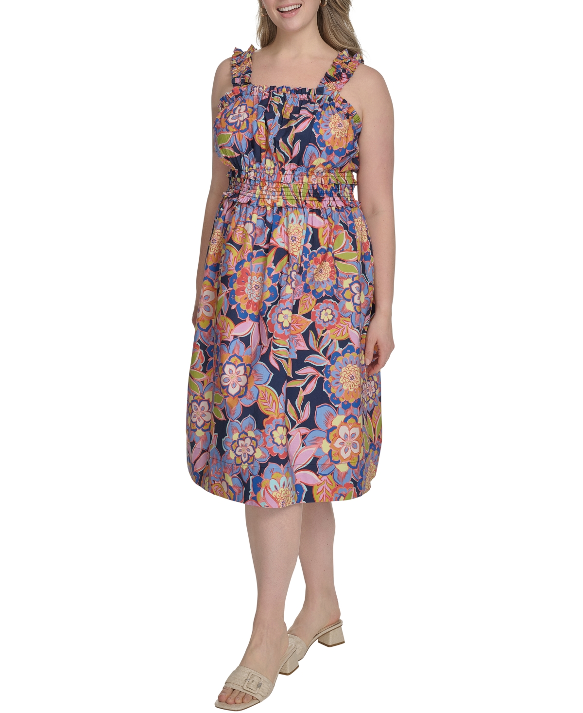 Eliza J Plus Size Cotton Floral Smocked-waist Midi Dress