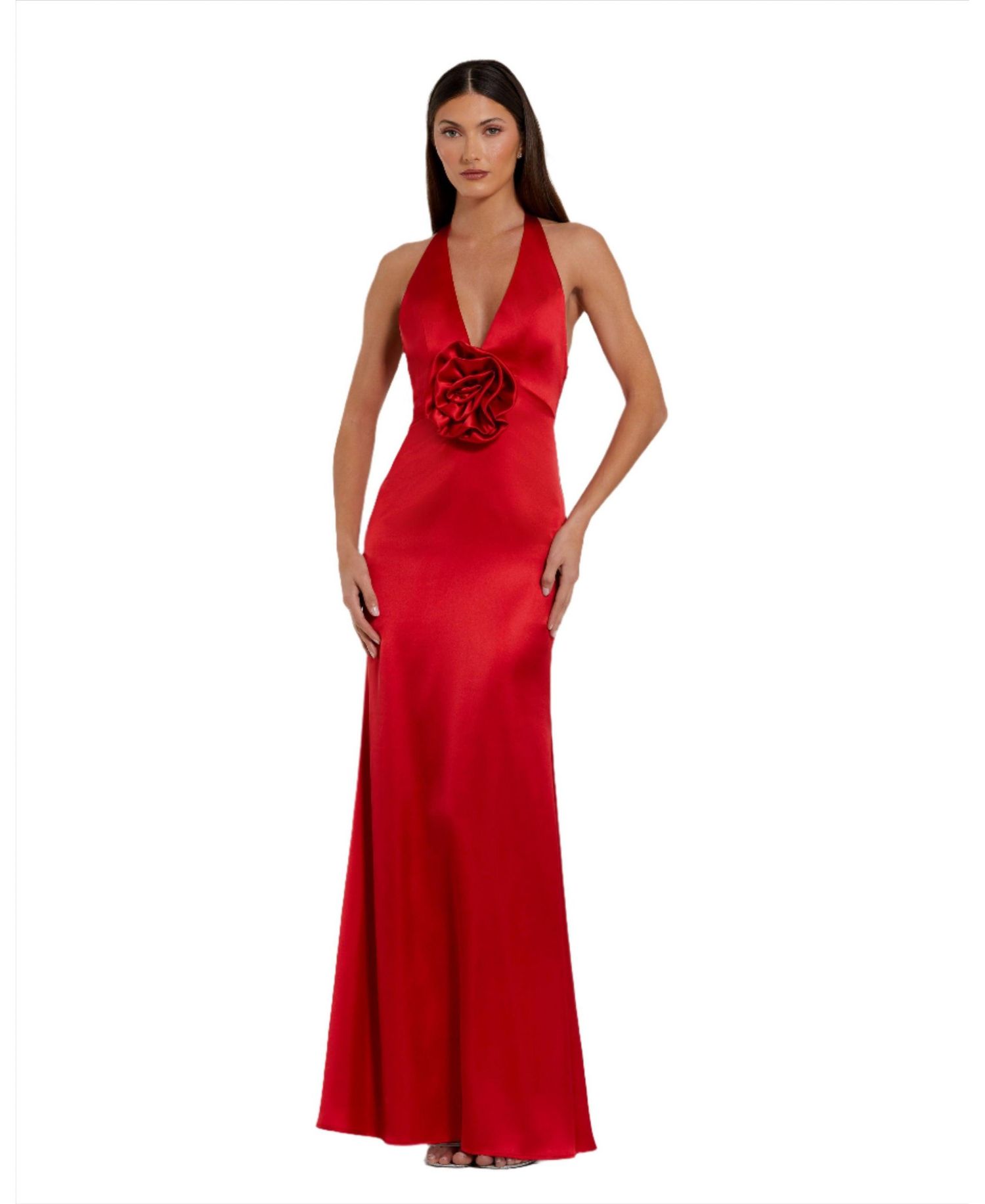 Women's Fitted Satin Sleeveless Halter Gown With 3D Flower
