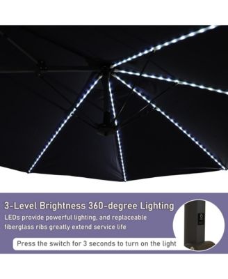 15 ft Patio Umbrellas with Solar Lights 12 LED Strip Lights Umbrella Rib, Double-Sided Market Umbrella with Base Included, Grey