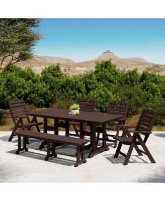 6-Piece HDPE Rectangular Patio Dining Table Set with Foldable Chairs and Patio Bench