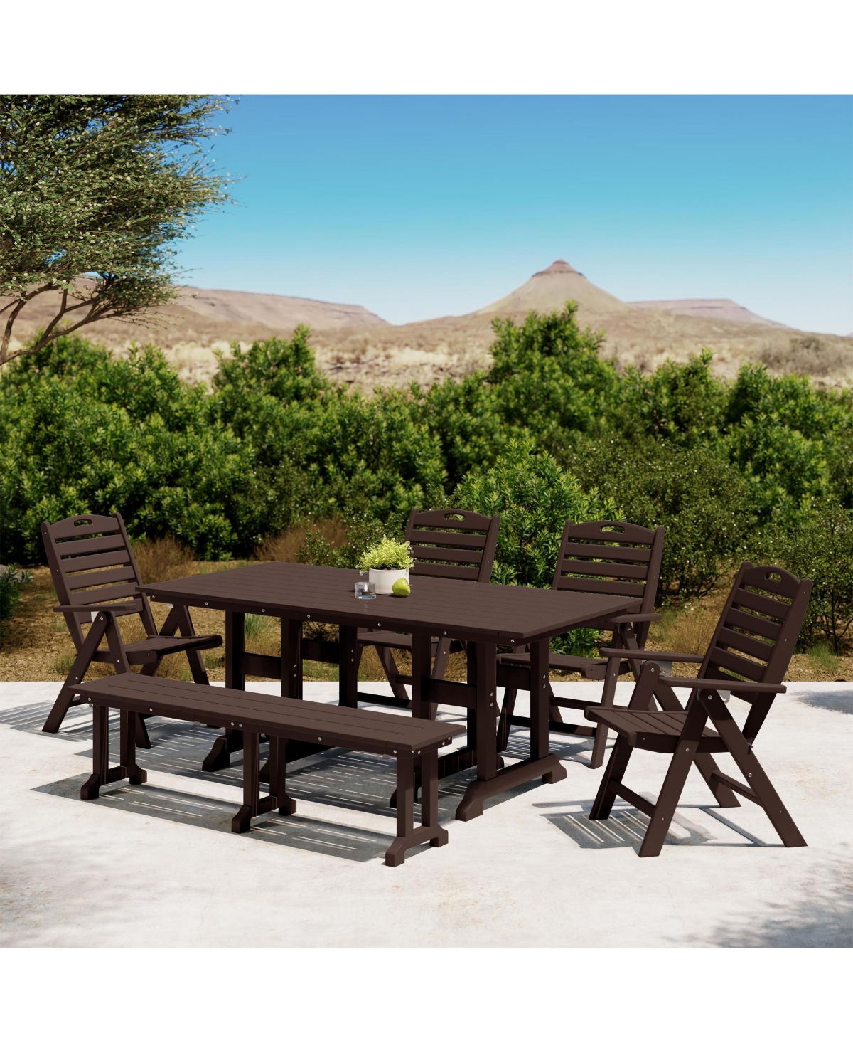 6-Piece Hdpe Rectangular Patio Dining Table Set with Foldable Chairs and Bench