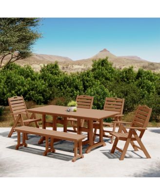 6-Piece HDPE Rectangular Patio Dining Table Set with Foldable Chairs and Patio Bench