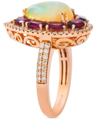 Neopolitan Opal (1-1/2 ct. t.w.), Raspberry Rhodolite (2-3/8 ct. t.w.) & Nude Diamond (1/2 ct. t.w.) Pear Halo Ring in 14k Rose Gold
