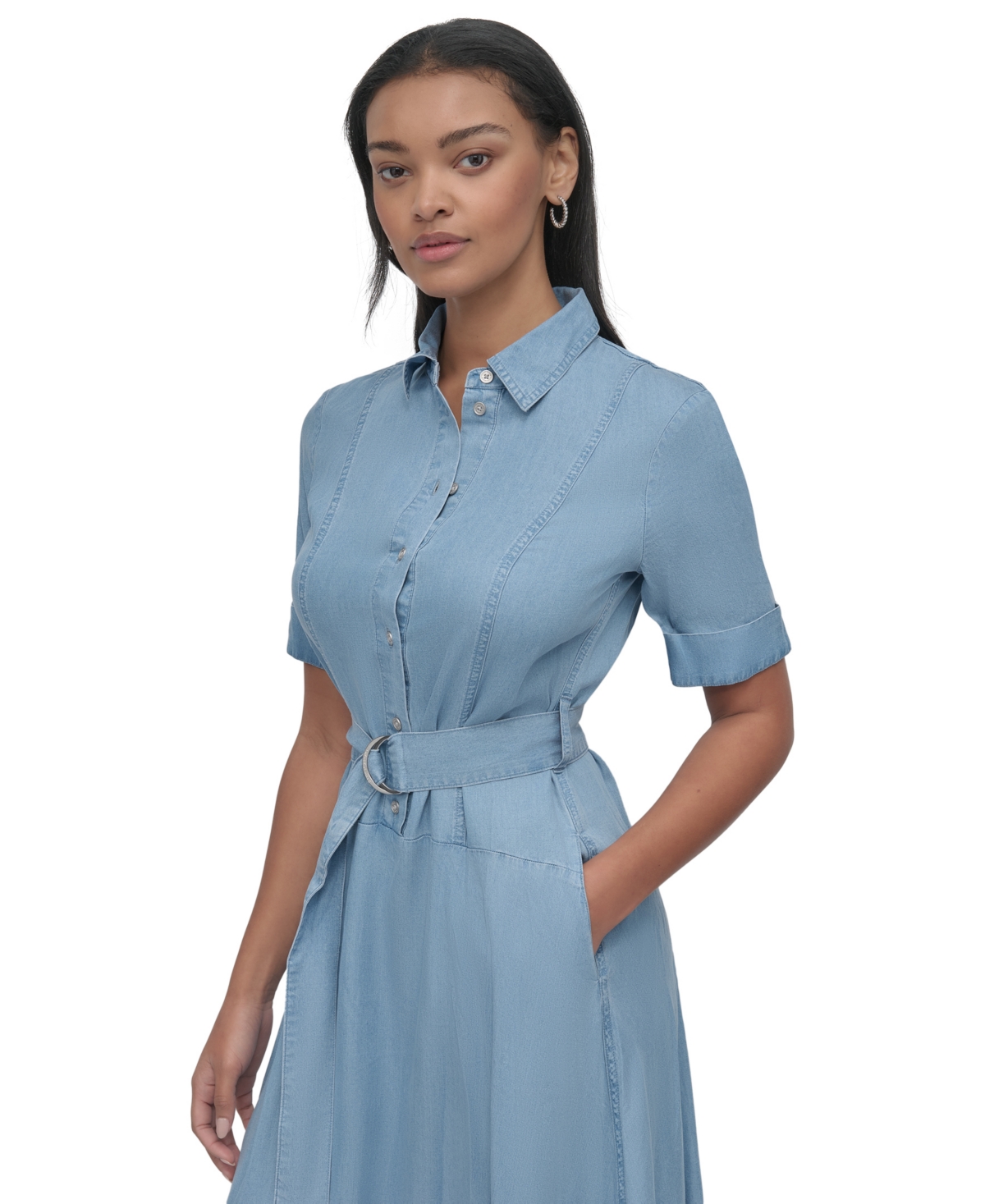 DKNY JEANS WOMEN'S CHAMBRAY BELTED MIDI DRESS 