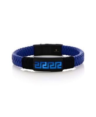 Stainless Steel, Braided Leather Greek Key Bracelet