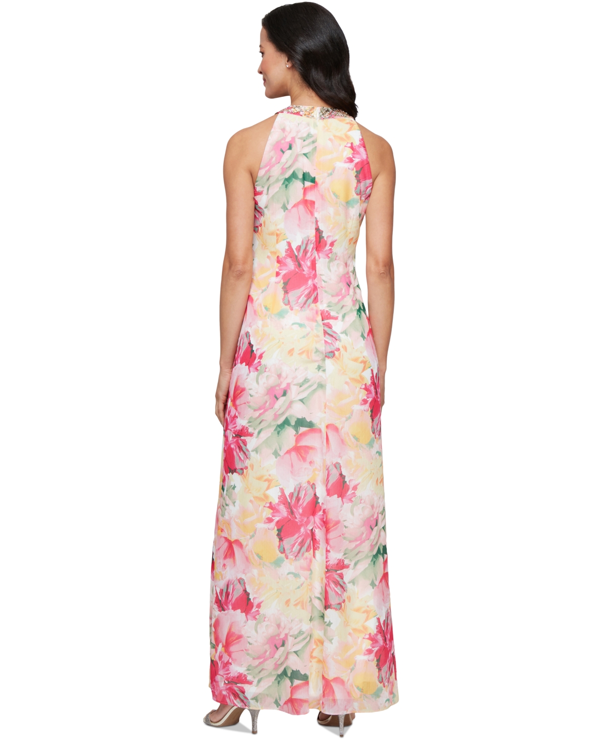 Shop Sl Fashions Petite Beaded Halter Ruffled Chiffon Gown In Pink Multi