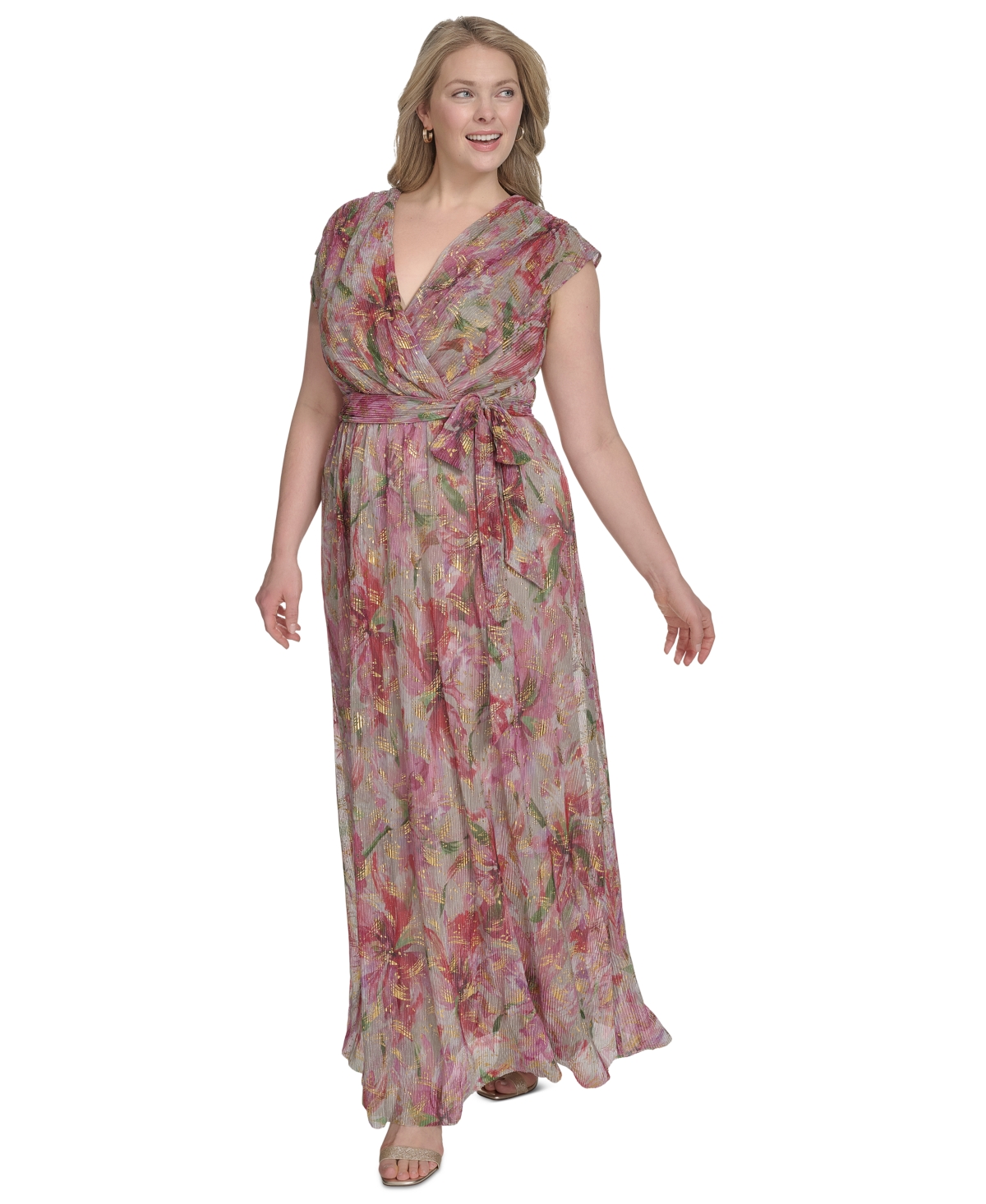 Jessica Howard Plus Size V-neck Shoulder-drape Gown In Poppy Multi