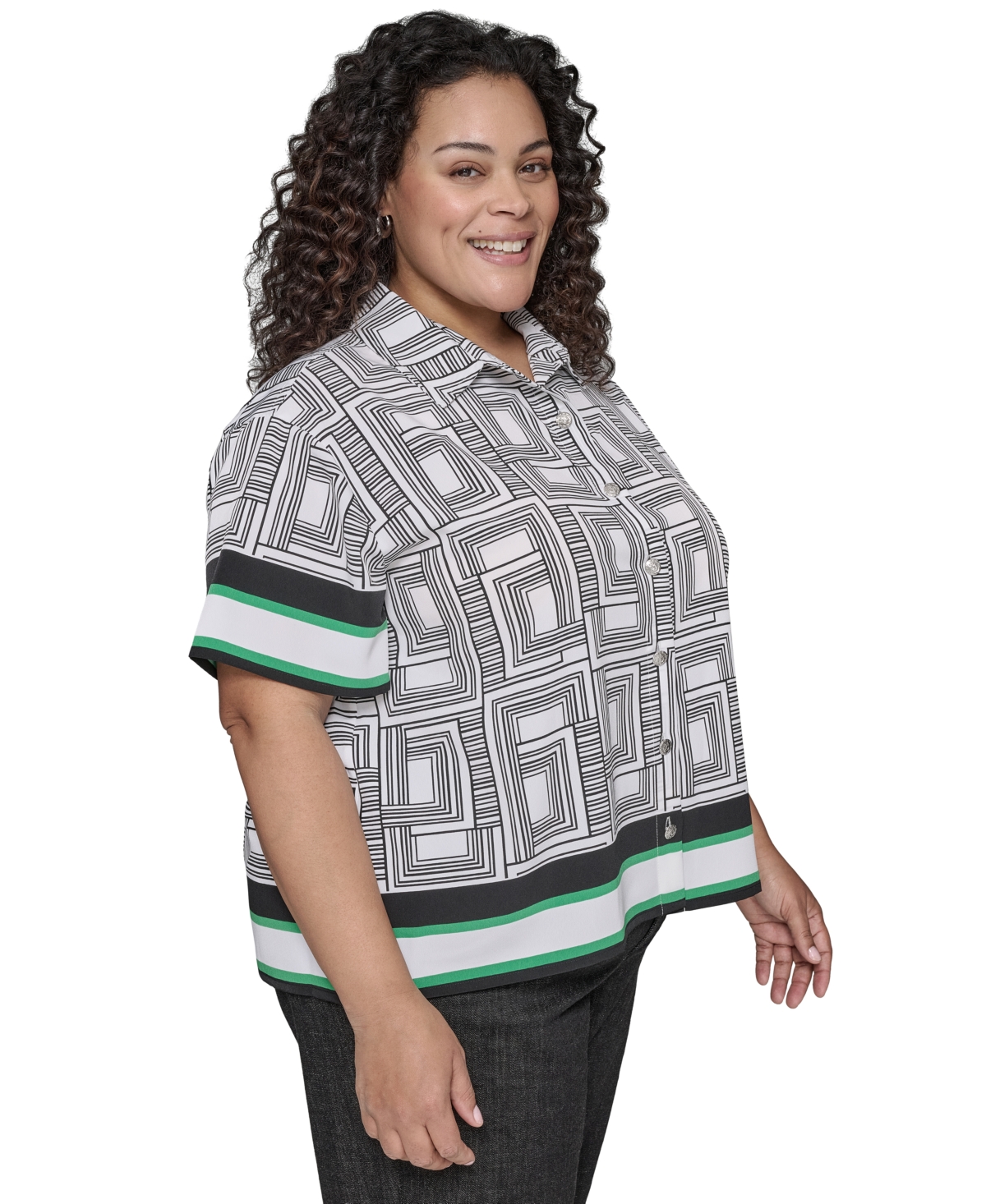 Karl Lagerfeld Plus Size Printed Camp Shirt In Soft White Black Flore Green Combo