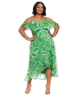 London Times - Plus Size Printed Cold-Shoulder Ruffle Dress