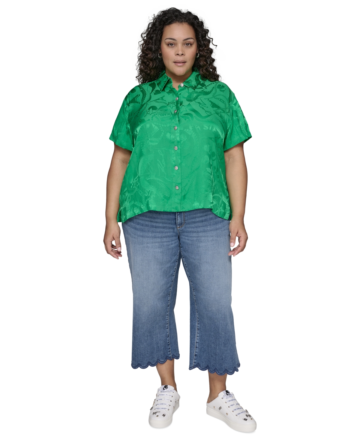 Shop Karl Lagerfeld Plus Size Jacquard Camp Shirt In Flore Green