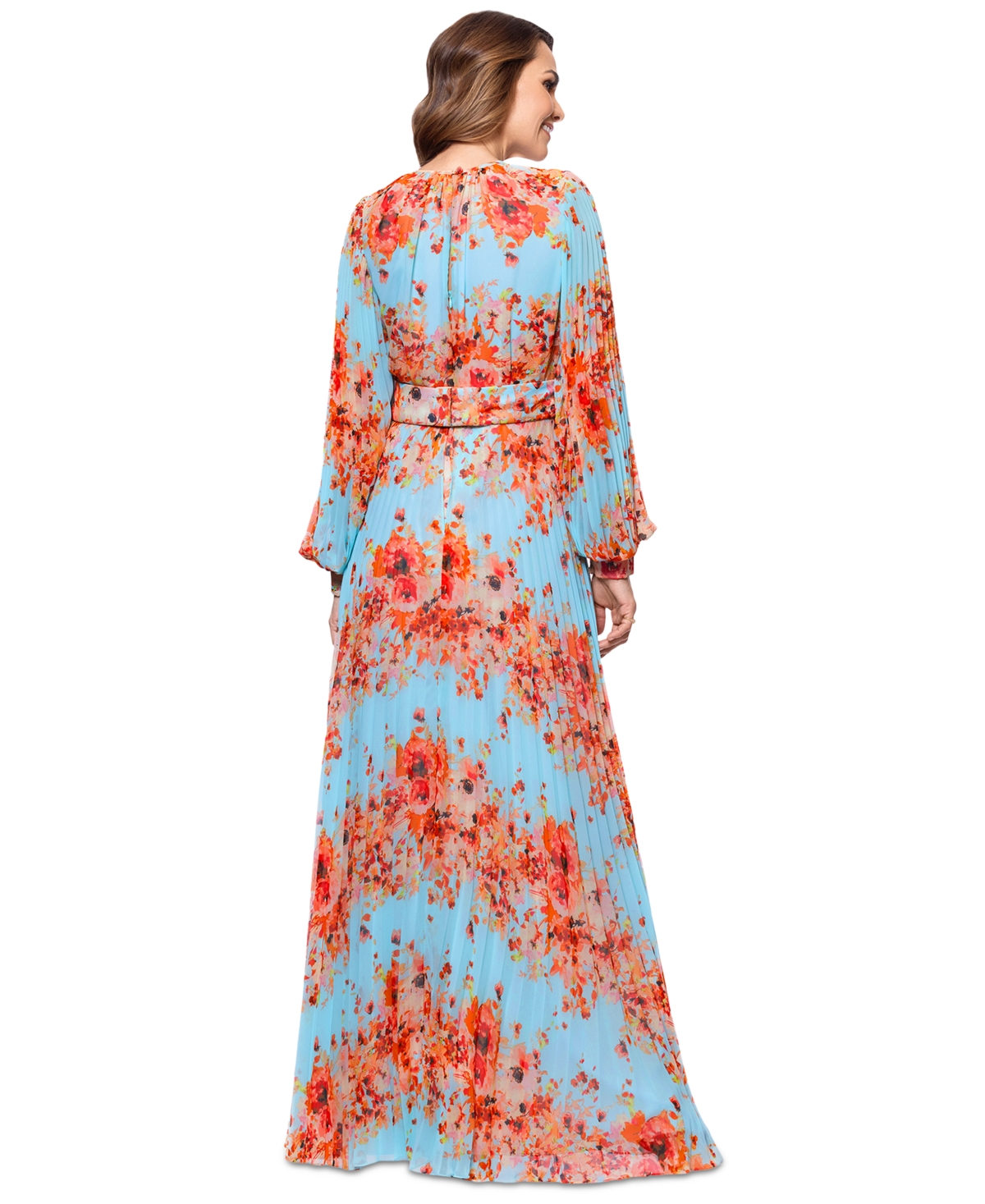 BETSY & ADAM WOMEN'S FLORAL-PRINT BLOUSON-SLEEVE PLEATED GOWN 