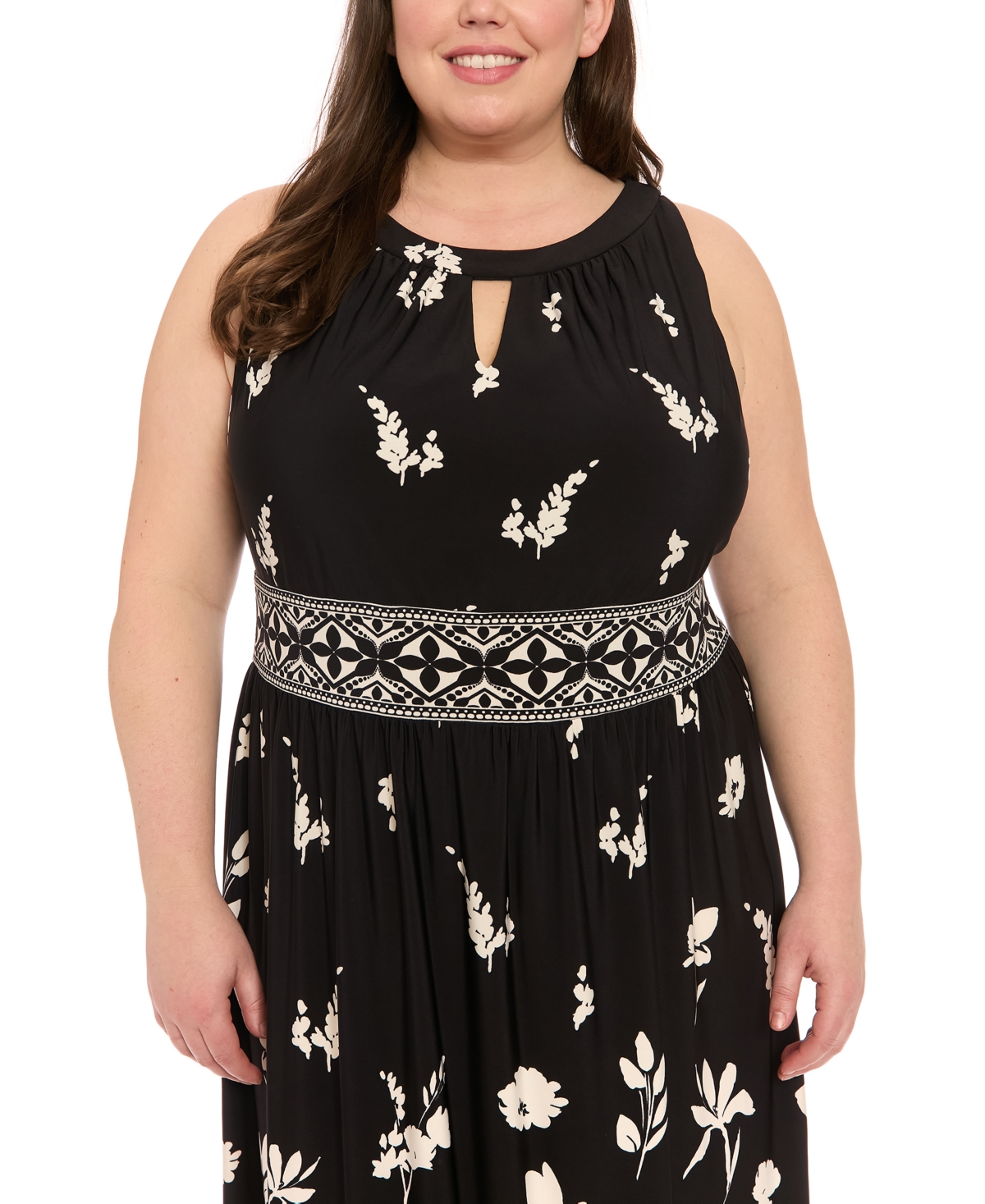 London Times Plus Size Placement- Print Keyhole Maxi Dress