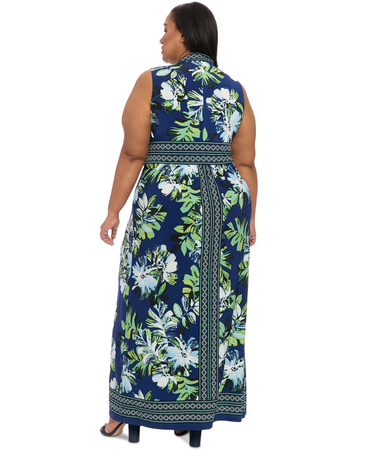 London Times Plus Size Border-print V-neck Maxi Dress
