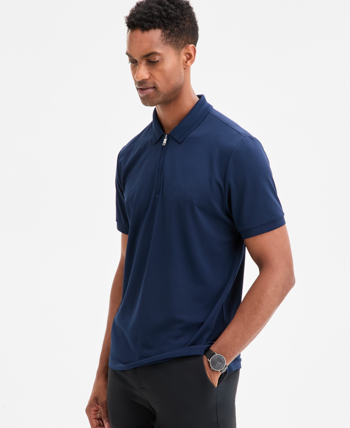 Men's Ottoman Short Sleeve Textured Quarter-Zip Polo Shirt, Exclusively at Macy's - Crystalline