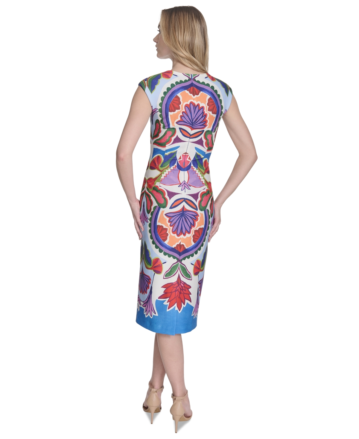 Vince Camuto Petite Placement-print Cap-sleeve Midi Dress In Blue Multi