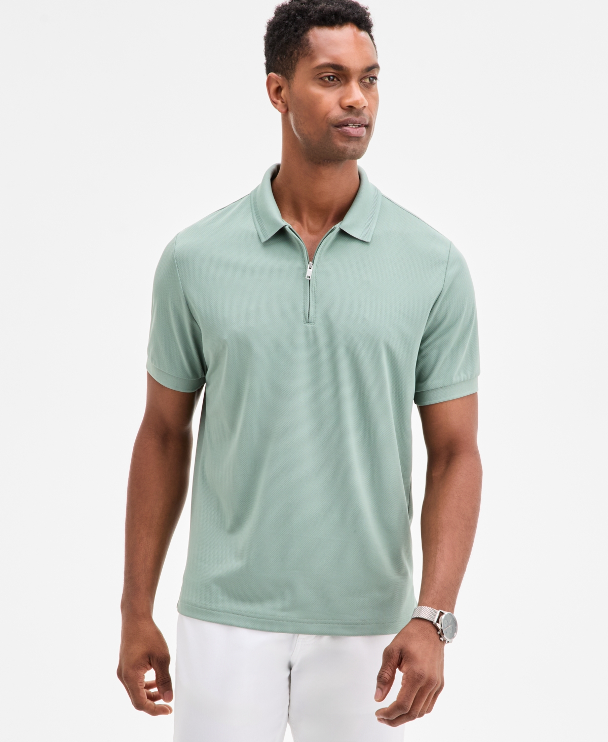 Men's Ottoman Short Sleeve Textured Quarter-Zip Polo Shirt, Exclusively at Macy's - Crystalline