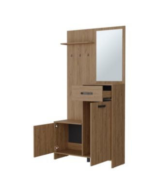 Elko Hall Tree Board and Melamine Multistorage with a Mirror, Natural Oak