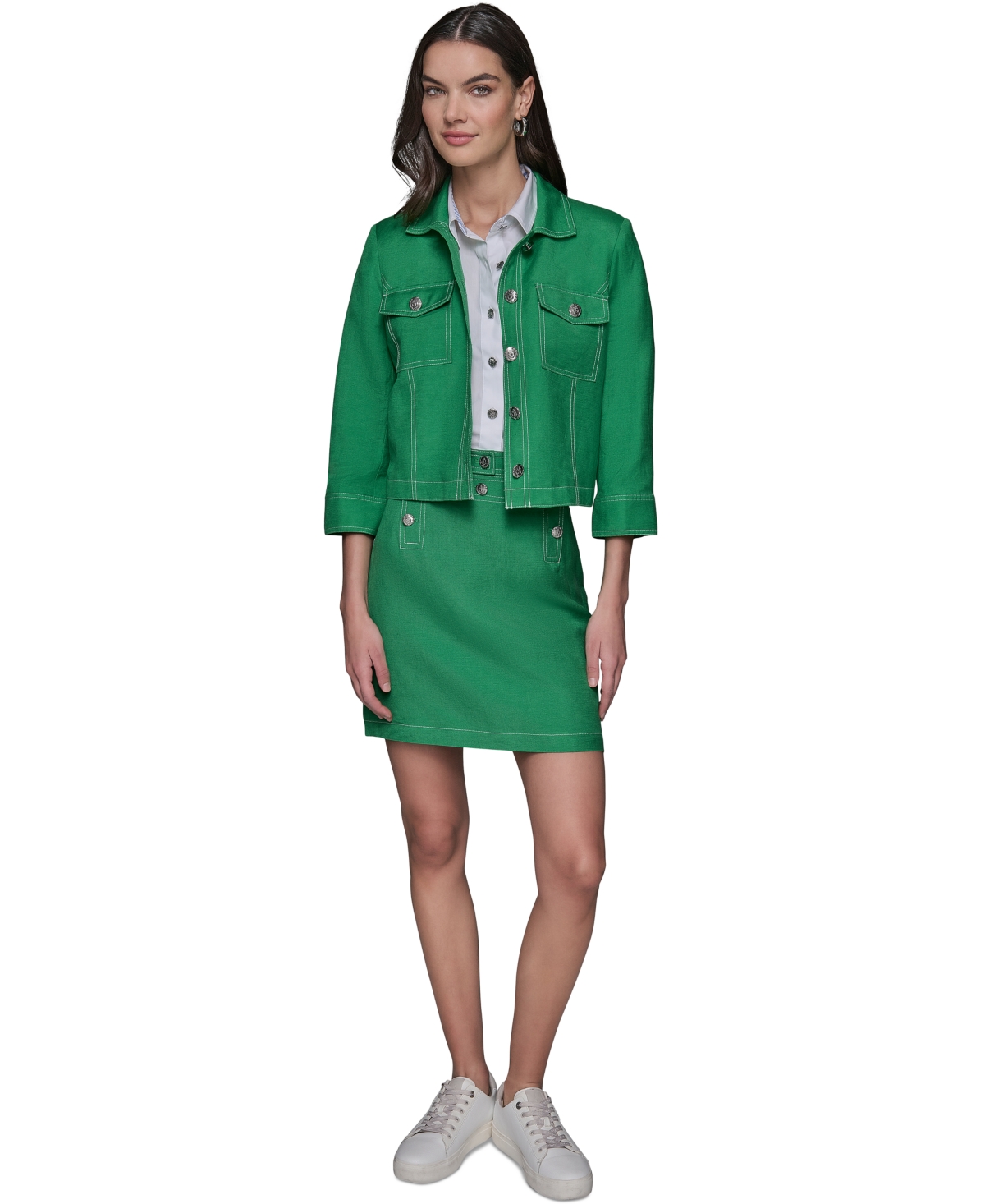 Shop Karl Lagerfeld Petite Linen-blend Jacket In Flore Green