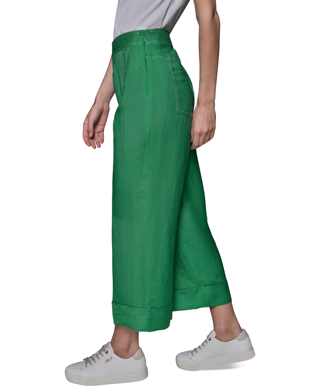 Karl Lagerfeld Petite Linen-blend Wide-leg Pants In Flore Green