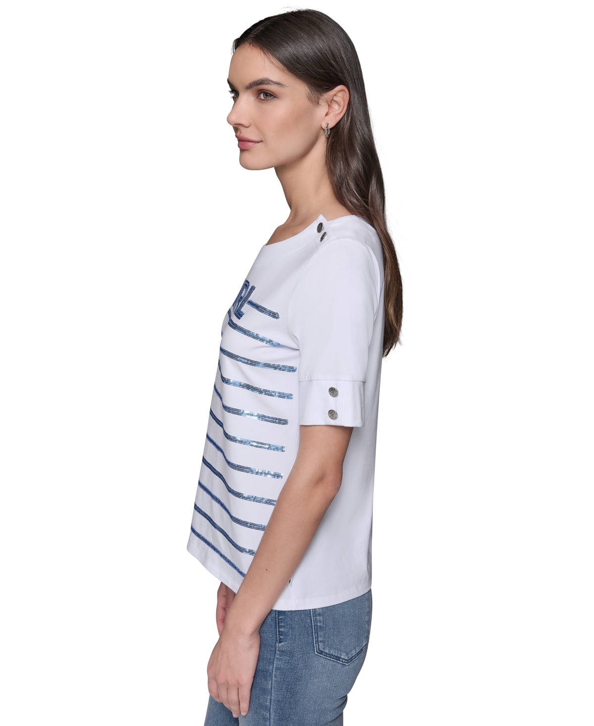 Karl Lagerfeld Women's Embellished Stripe Crewneck Tee In White,blue
